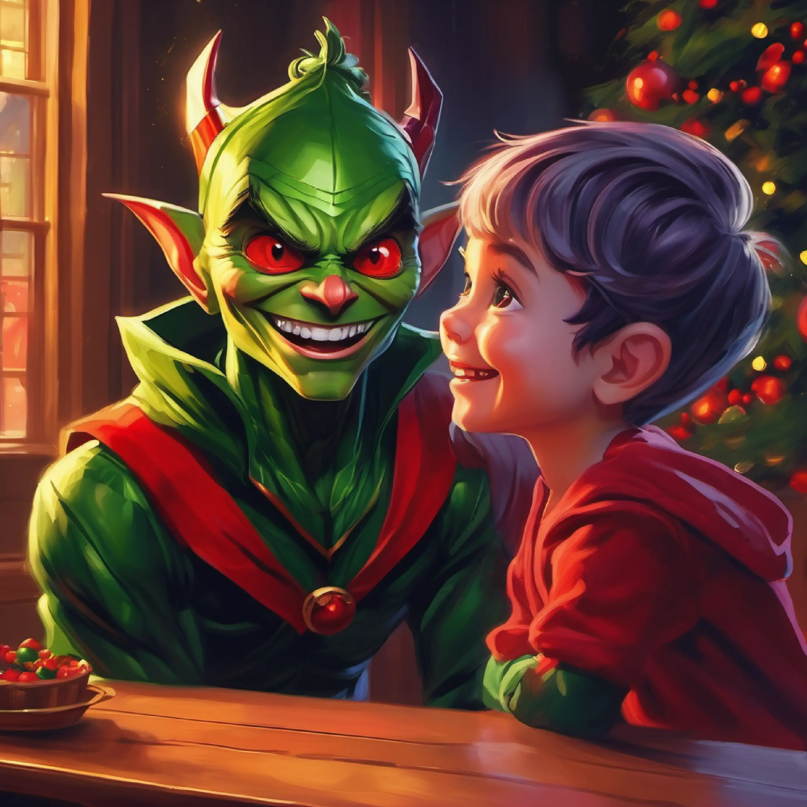 Small, green goblin with bright red eyes and a mischievous grin sharing for the first time and seeing the girl's reaction.
