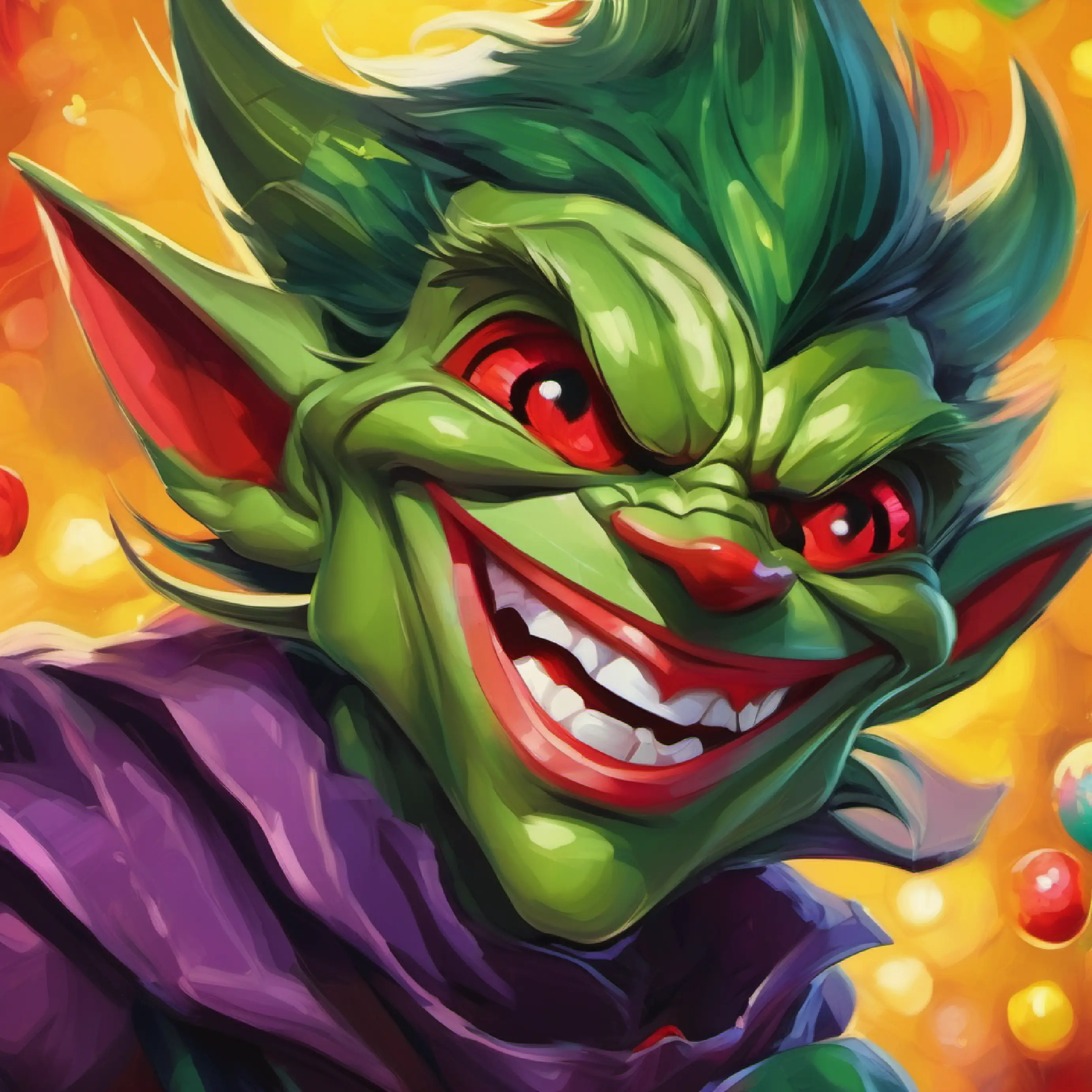 Small, green goblin with bright red eyes and a mischievous grin experiencing a new, positive emotion from sharing.