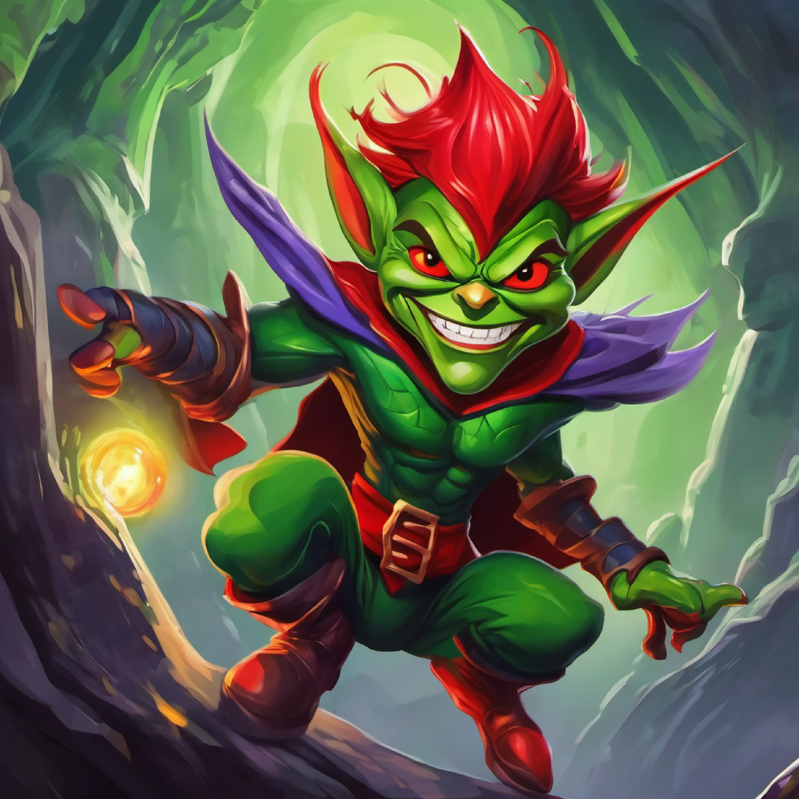 Small, green goblin with bright red eyes and a mischievous grin continues to share, transforming his life and cave.