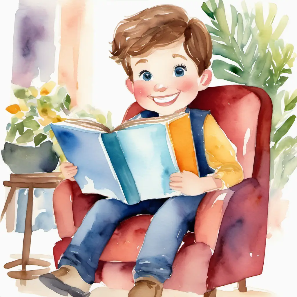 Boo has brown hair, blue eyes, and a big smile sitting in a comfortable chair, holding a book with a big smile on their face