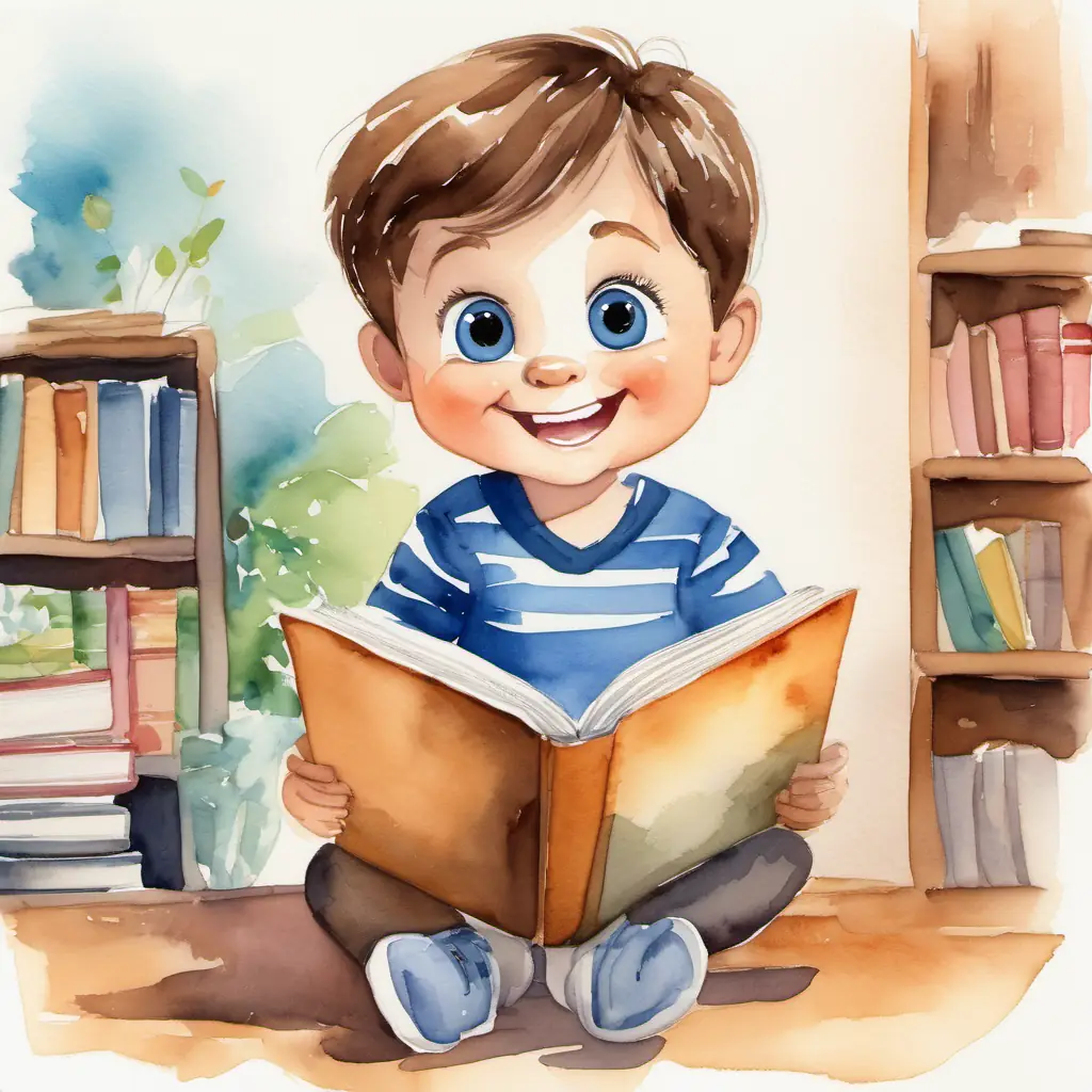 Boo has brown hair, blue eyes, and a big smile reading the book with wide eyes and an excited expression