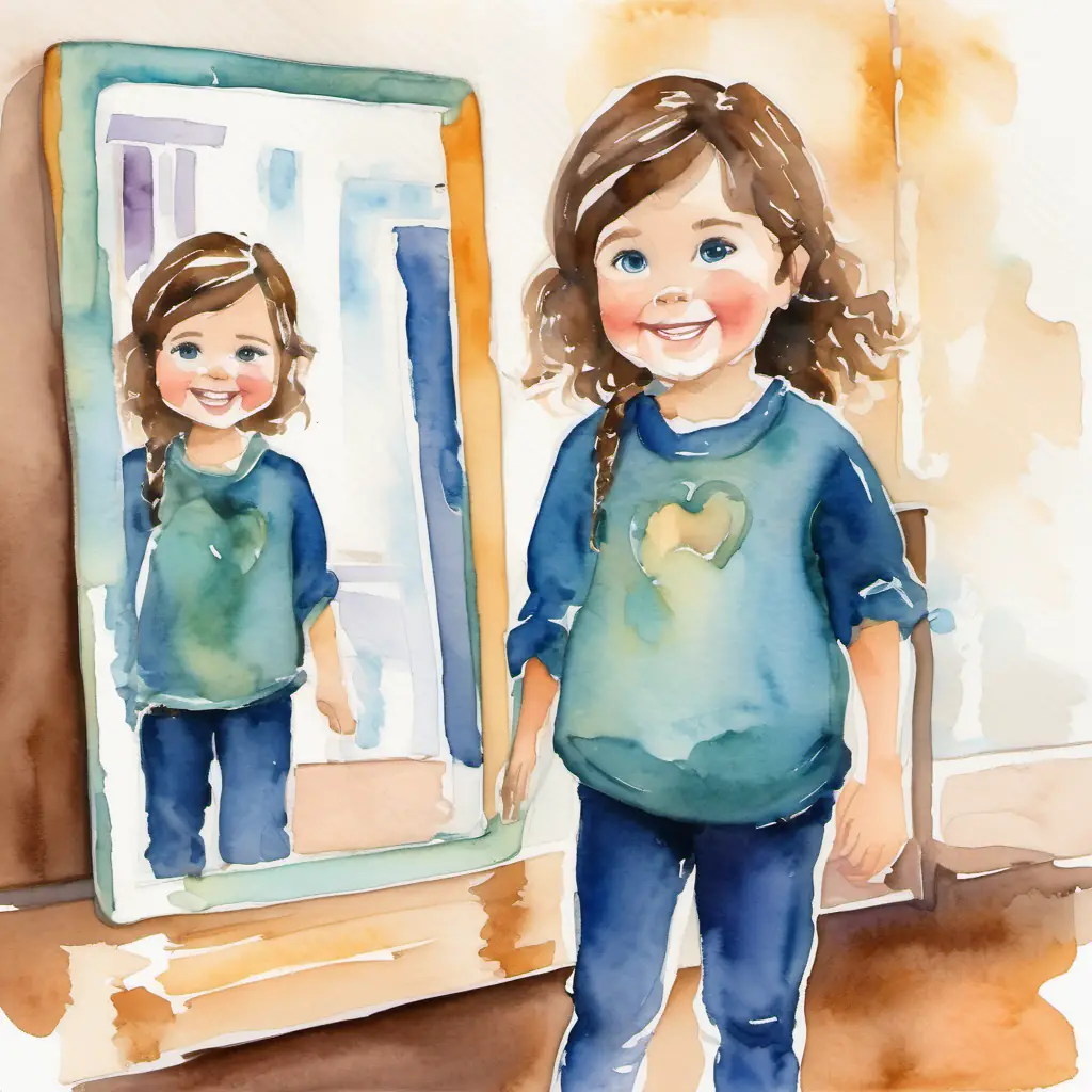 Boo has brown hair, blue eyes, and a big smile standing in front of a mirror, looking determined and saying positive words