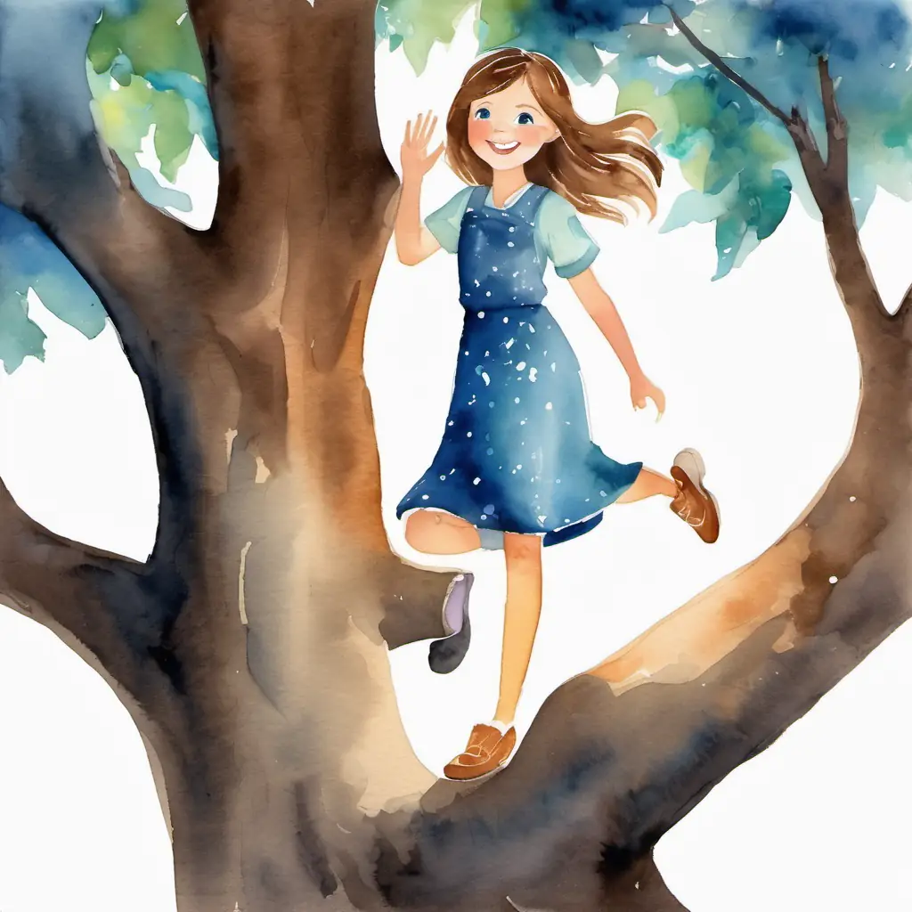 Boo has brown hair, blue eyes, and a big smile climbing a tree, smiling and waving to friends, and standing on a stage with a spotlight