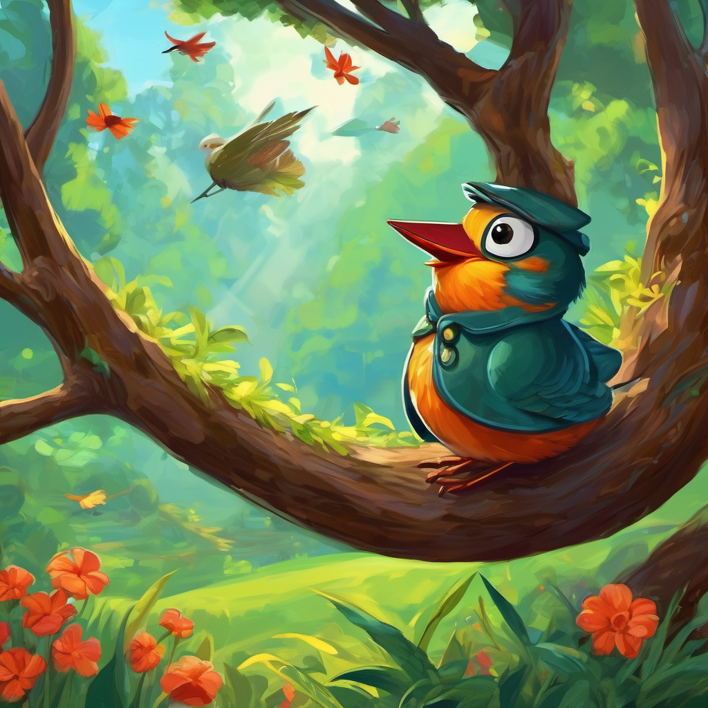 Determined to make his dream come true, Freddy set out on his adventurous journey. He looked around for ideas and came across a group of birds chirping happily on a tree branch. Excitedly, he hopped over and asked, "Excuse me, beautiful birds! Can you teach me how to fly?" The birds exchanged puzzled glances, but they were kind-hearted. One bird named Ruby fluttered down and said, "Freddy, flying is not easy for frogs, but we can show you how it's done. Just spread your little webbed feet like wings and flap them."
