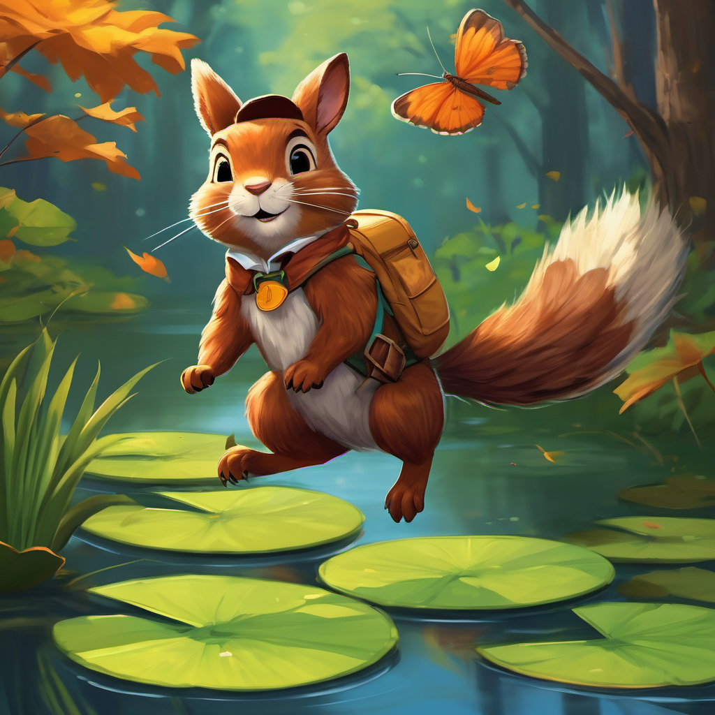 Freddy listened carefully and tried to imitate the birds. But, no matter how hard he flapped his legs, he only managed to hop awkwardly. The birds chuckled but applauded Freddy's determination. Next, Freddy observed a group of squirrels jumping from one tree to another. He thought maybe if he bounced high enough, he could catch the wind and float like a leaf. Freddy hopped on lily pads and bounced as high as he could, but he always landed with a splash in the water.