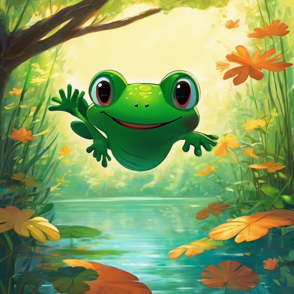 These words struck a chord within Freddy's heart. He realized that even if he couldn't fly like a bird or float like a leaf, he had other amazing qualities. He could leap higher than anyone, swim faster than any fish, and his vibrant green skin blended perfectly with nature. With a newfound confidence, Freddy returned to his friends who were playing near the pond. He smiled and said, "My friends, I may not be able to fly, but I am extraordinary in my own froggy way. I can leap to great heights and swim through the water with grace. I will embrace who I am while continuing to dream big."