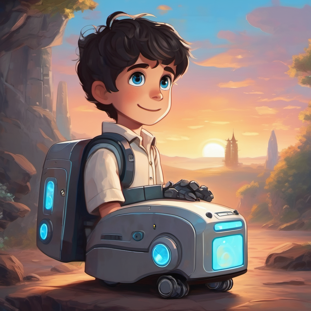 Lonely boy longing for acceptance, with dark hair receives a companion robot named Companion robot with blue eyes, silver skin, and a friendly smile