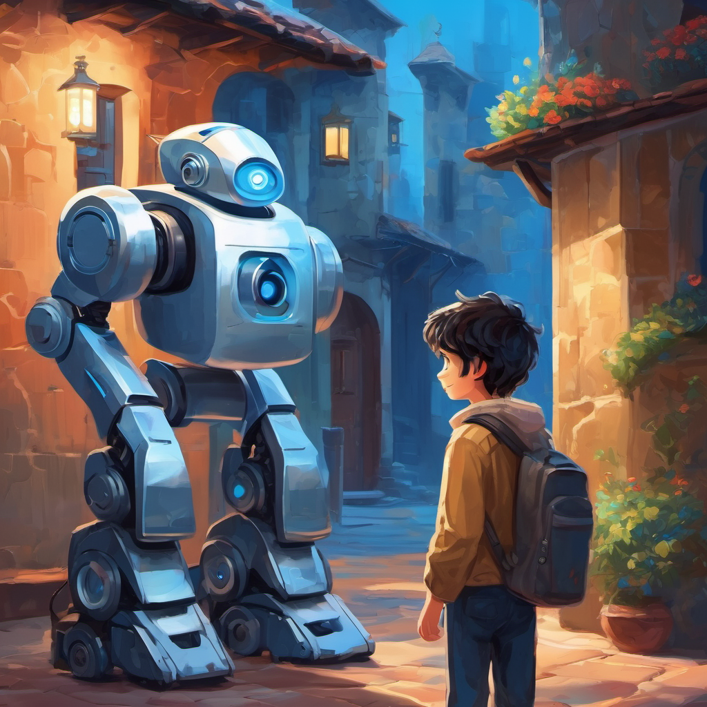 Lonely boy longing for acceptance, with dark hair becomes best friends with Companion robot with blue eyes, silver skin, and a friendly smile