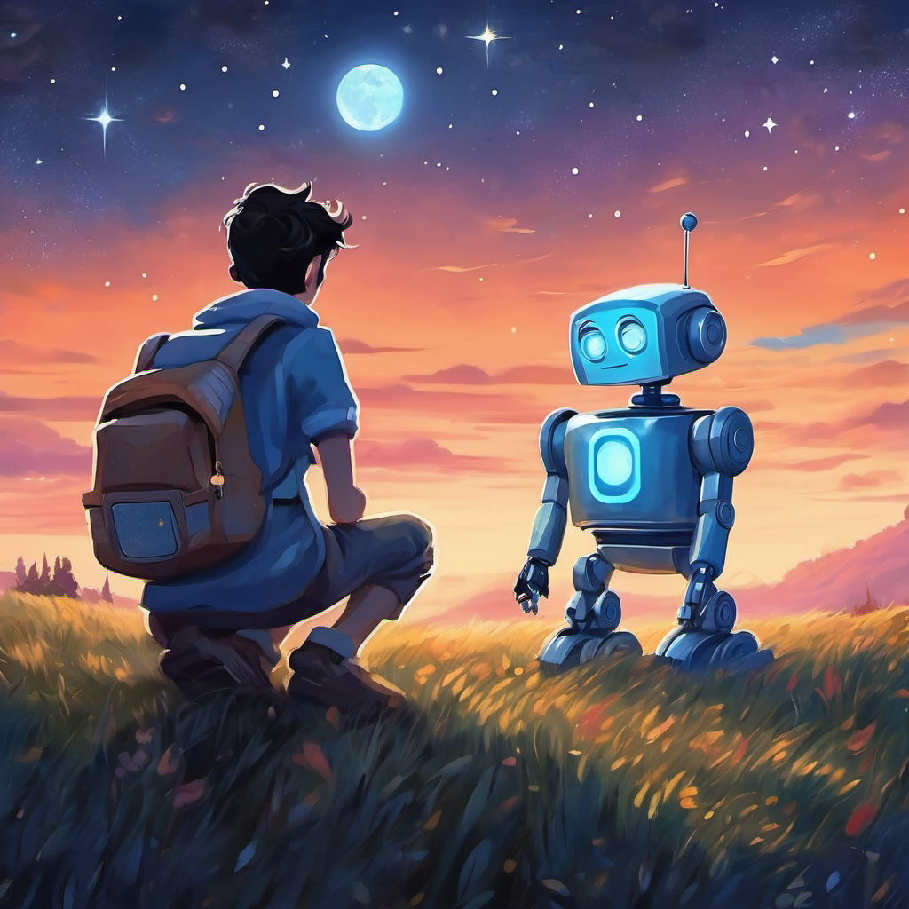 Lonely boy longing for acceptance, with dark hair and Companion robot with blue eyes, silver skin, and a friendly smile stargazing and realizing the importance of love