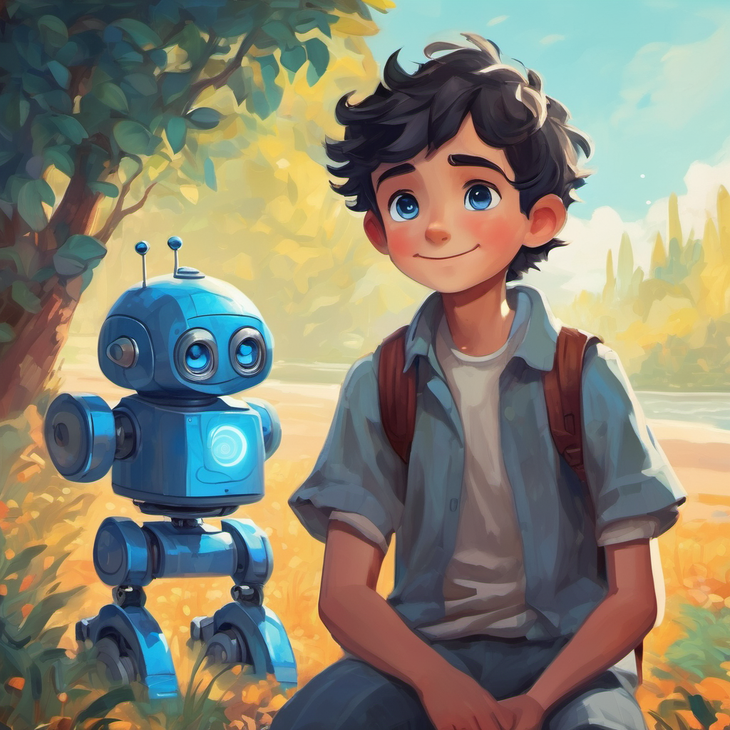 Lonely boy longing for acceptance, with dark hair and Companion robot with blue eyes, silver skin, and a friendly smile's lifelong friendship and adventures