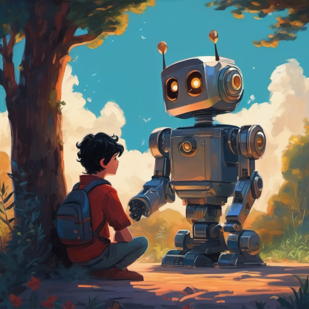 Lonely boy longing for acceptance, with dark hair shares his dream of finding his true home with Cosmo, his robot companion