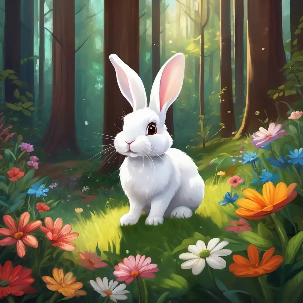 Forest with tall trees and colorful flowers. Small white rabbit with brown eyes, full of curiosity and energy, a playful and curious rabbit.