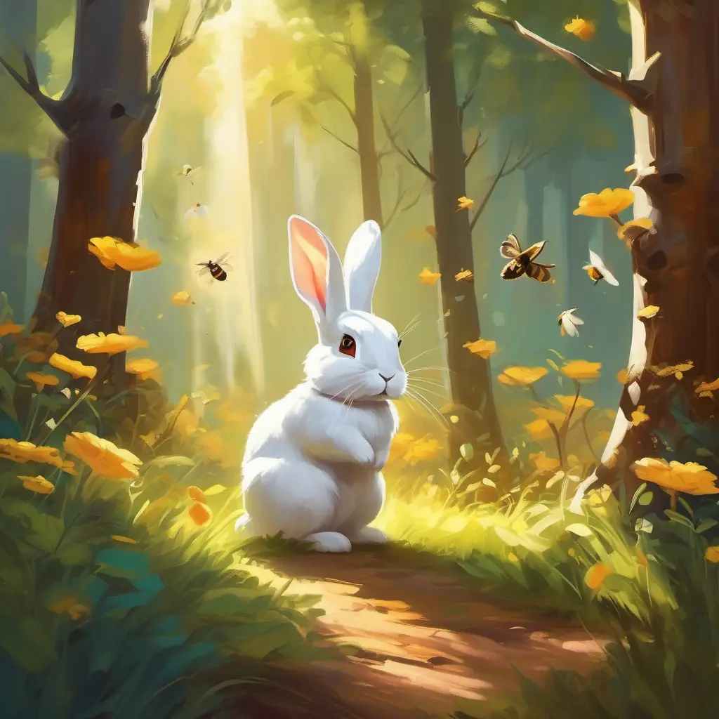 Sunny forest with chirping birds and buzzing bees. Small white rabbit with brown eyes, full of curiosity and energy full of energy.
