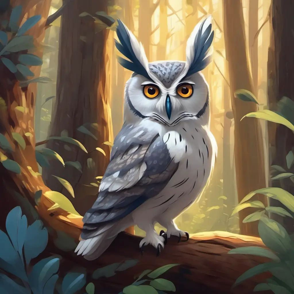 Shady part of the forest with old, wise owl Wise old owl with big, round eyes and gray feathers. Small white rabbit with brown eyes, full of curiosity and energy feeling eager.