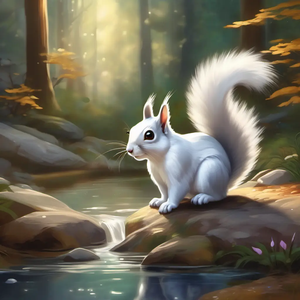 Beside a glistening stream, meeting agile Fuzzy gray squirrel with a bushy tail and twinkling eyes with a fluffy tail. Small white rabbit with brown eyes, full of curiosity and energy amazed.