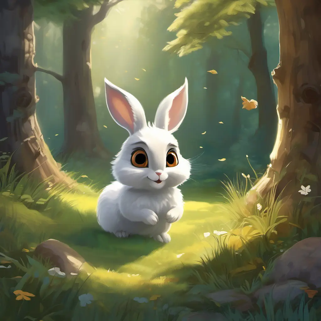 Hidden clearing with sunshine and soft grass. Small white rabbit with brown eyes, full of curiosity and energy, Fuzzy gray squirrel with a bushy tail and twinkling eyes, and Wise old owl with big, round eyes and gray feathers feeling joyful.