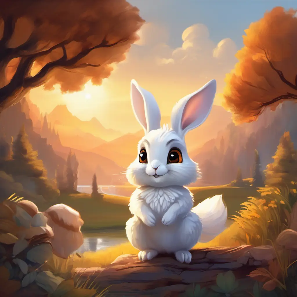 Warm sunset with Small white rabbit with brown eyes, full of curiosity and energy, Fuzzy gray squirrel with a bushy tail and twinkling eyes, and Wise old owl with big, round eyes and gray feathers waving farewell. Small white rabbit with brown eyes, full of curiosity and energy dreaming of more fun.