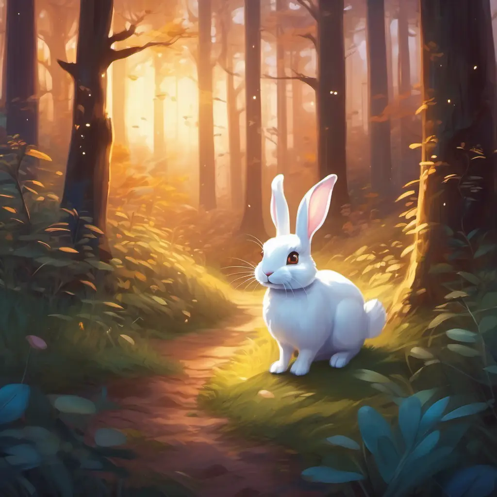 Magical forest at twilight. Small white rabbit with brown eyes, full of curiosity and energy hopping back home with a big smile.