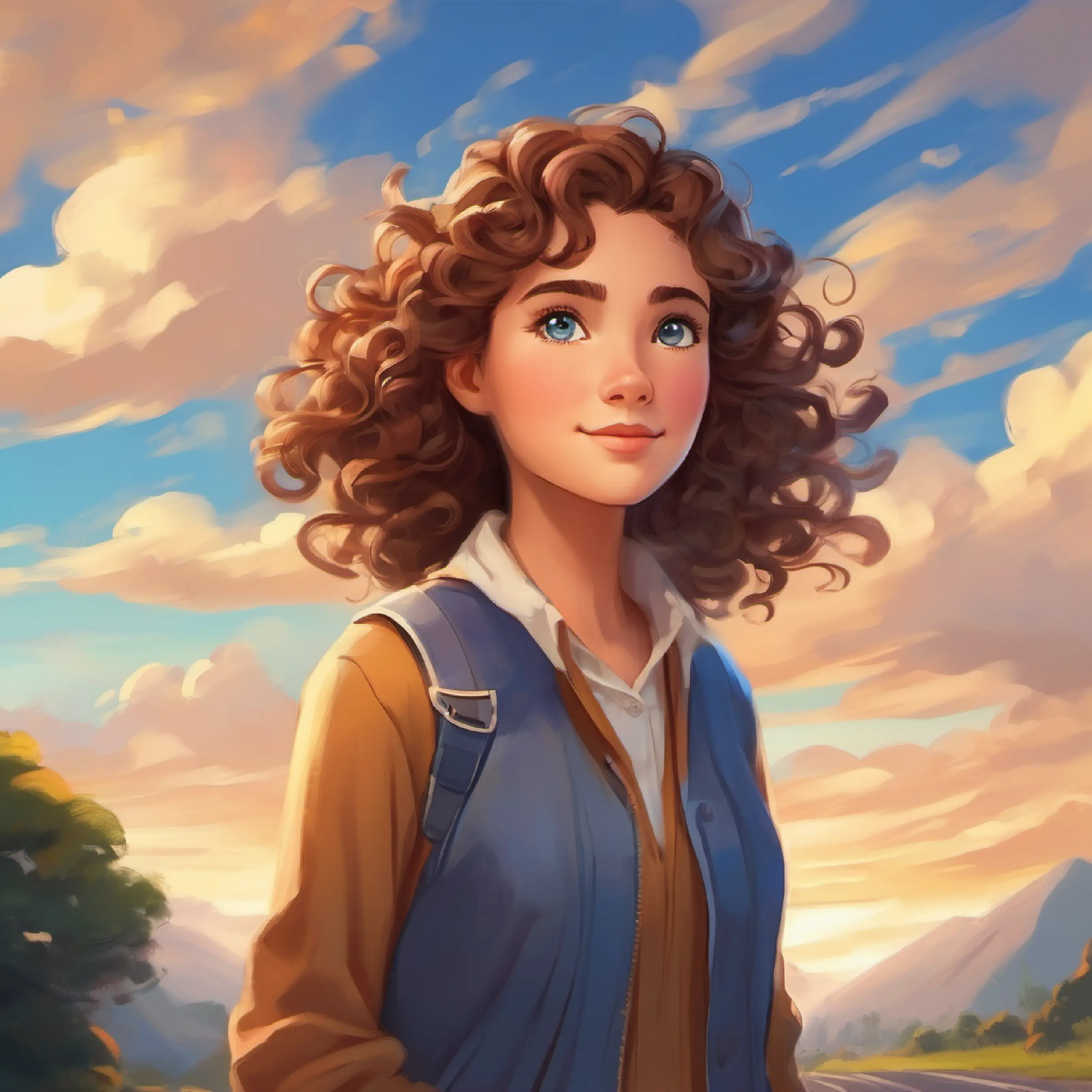 Curly brown hair, blue eyes, fair skin noticing the changing sky and setting off on her journey.