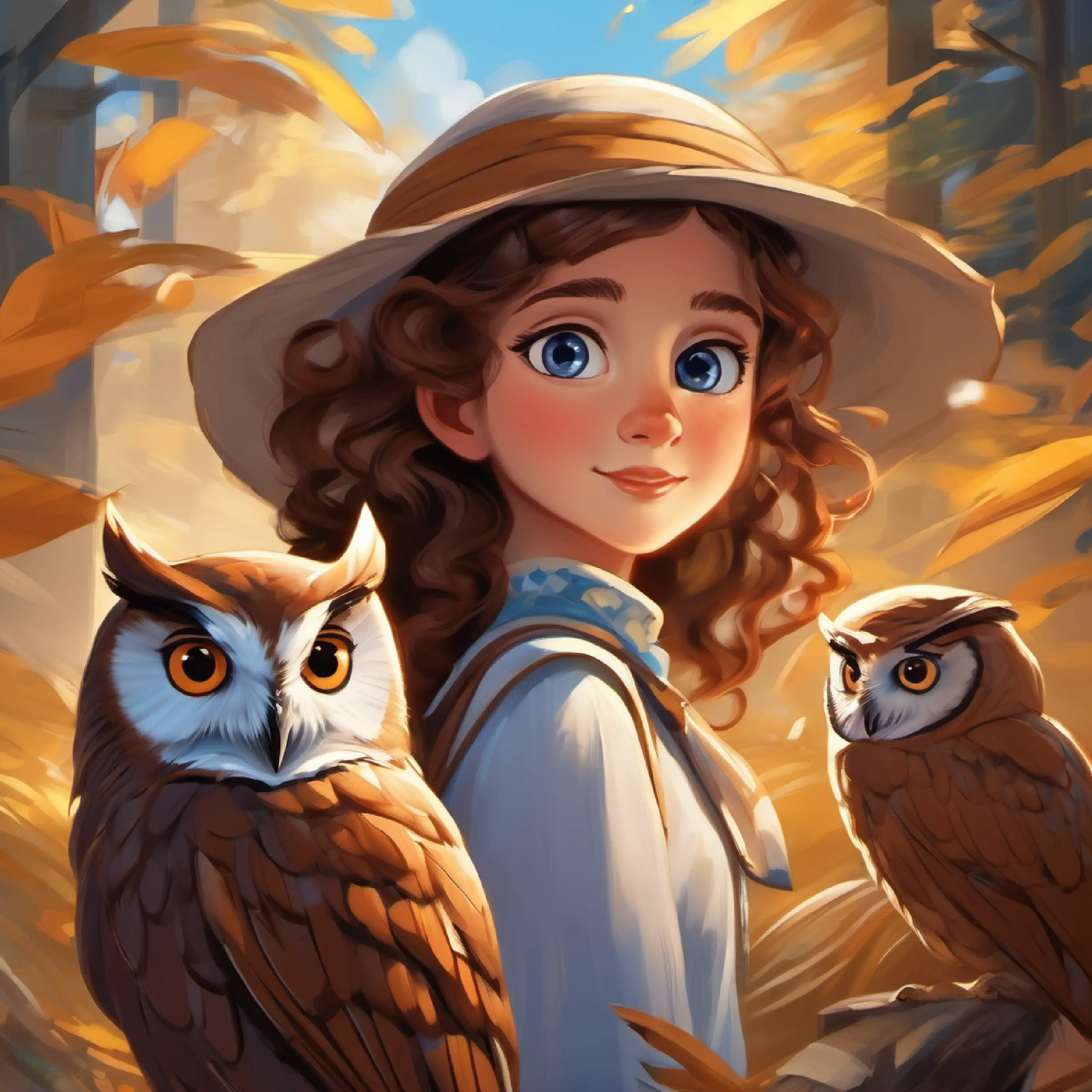 Curly brown hair, blue eyes, fair skin meeting Feathery brown and white owl, wise amber eyes and beginning her adventure.