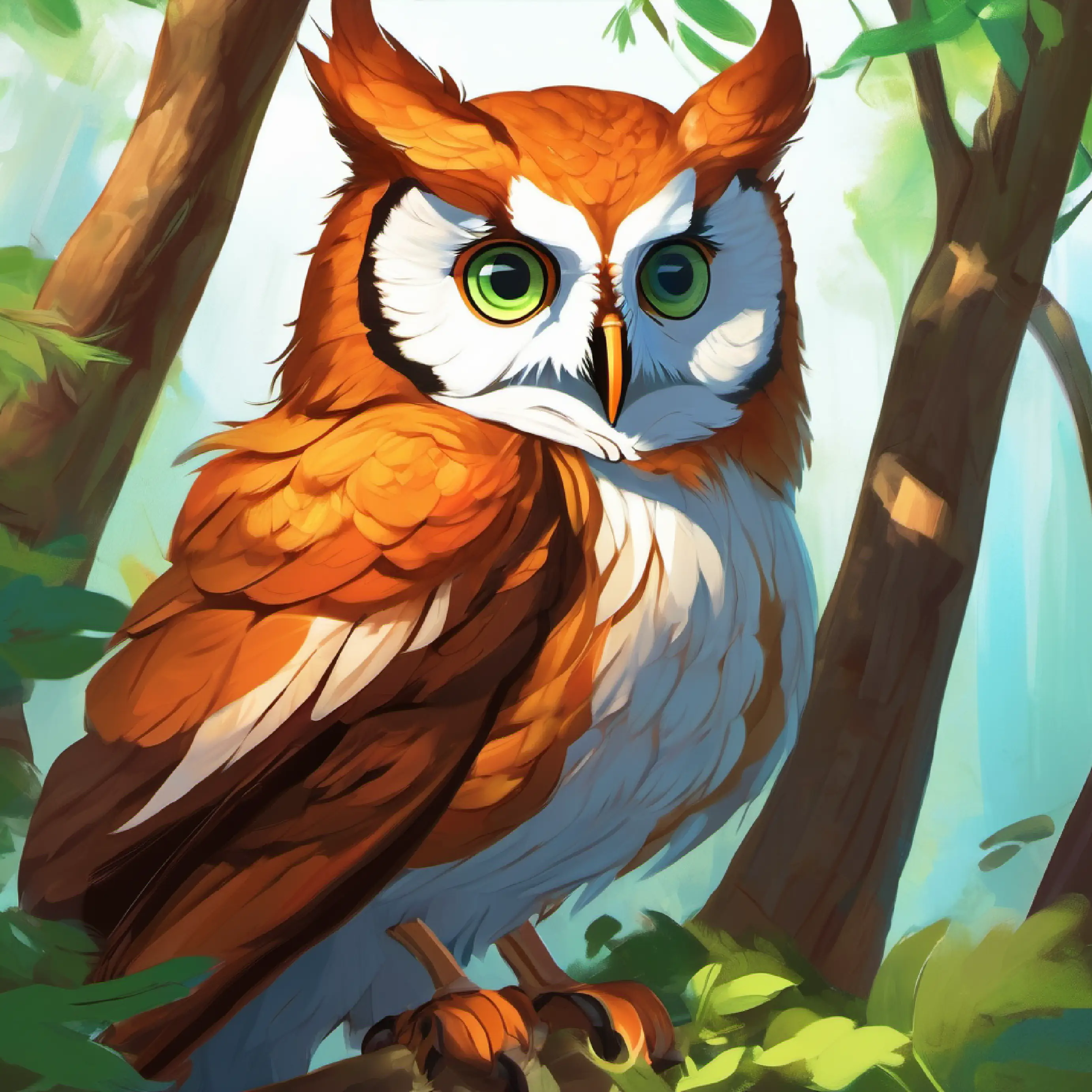 Curly brown hair, blue eyes, fair skin and Feathery brown and white owl, wise amber eyes meeting Sleek red fox, bright green eyes and deciding to include him in their team.