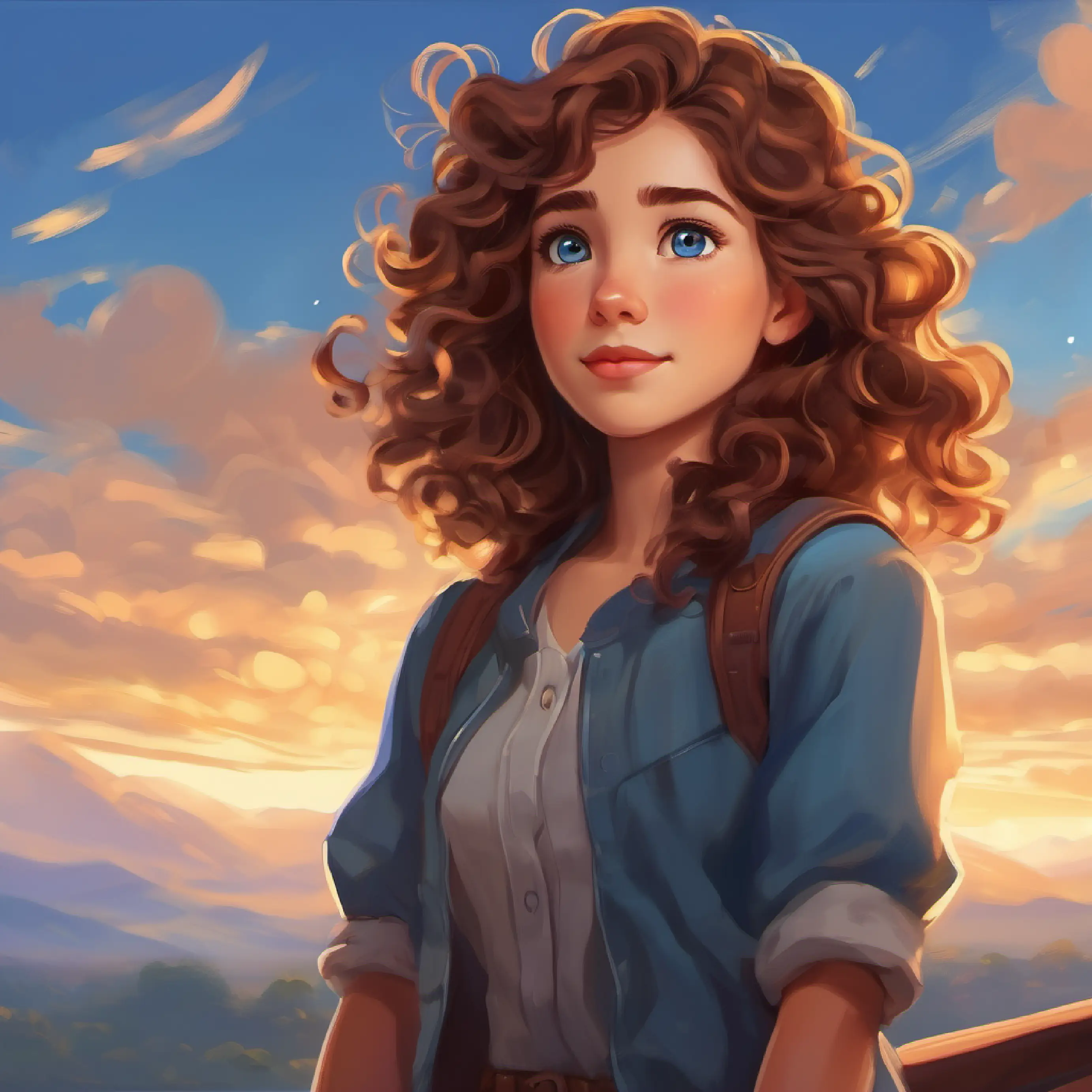 Curly brown hair, blue eyes, fair skin noticing the changing sky and setting off on her journey.