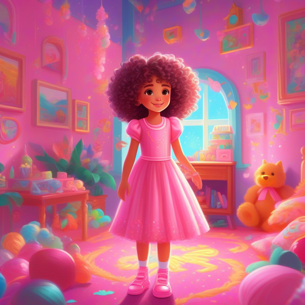 Curly-haired girl wearing a pink dress and sparkly shoes.'s vibrant bedroom filled with toys and a magical talking bride doll.