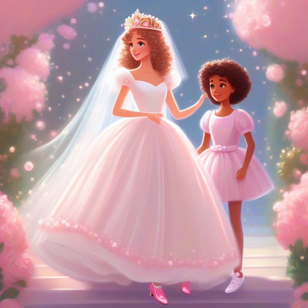 The bride doll, wearing a white gown and a tiara, talks to Curly-haired girl wearing a pink dress and sparkly shoes..