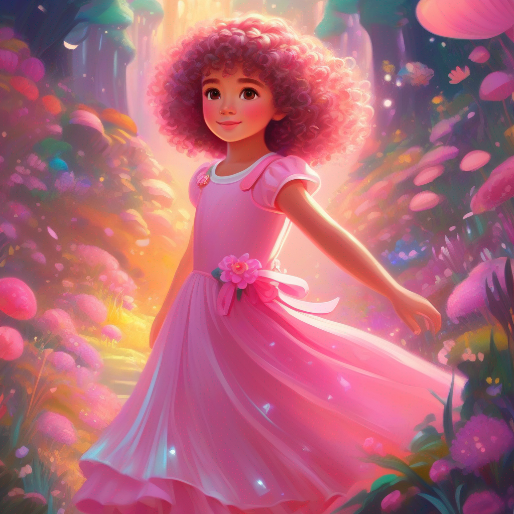 Curly-haired girl wearing a pink dress and sparkly shoes. and the bride explore magical lands full of brilliant colors and fairies.