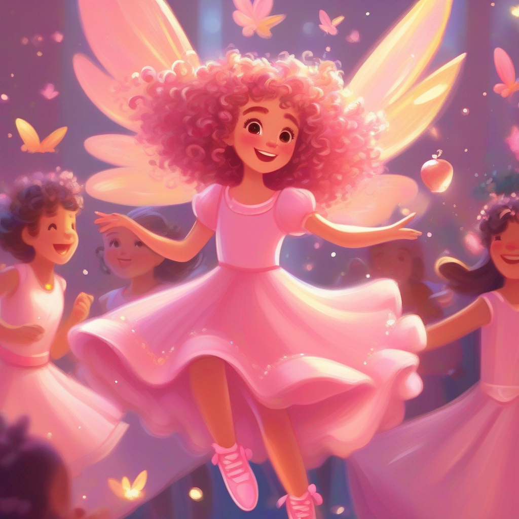 Curly-haired girl wearing a pink dress and sparkly shoes. and the bride join fairies in a joyful dance and a sparkling tea party.