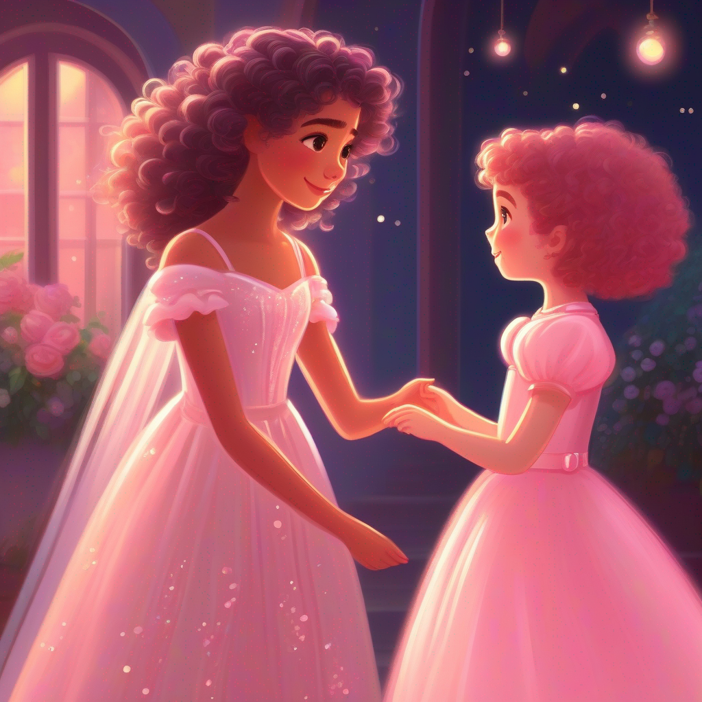 The bride bids farewell to Curly-haired girl wearing a pink dress and sparkly shoes. as they prepare for a night of dreams.