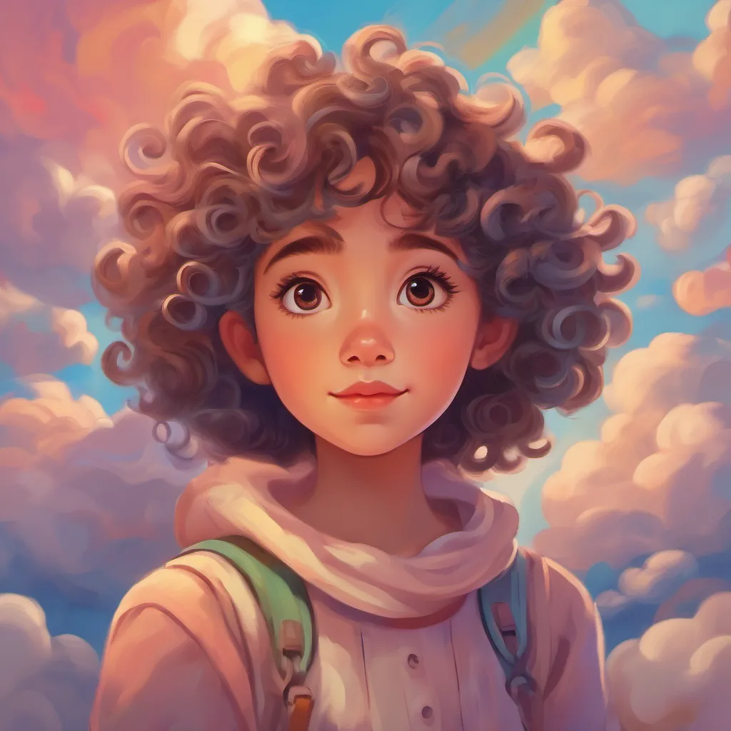 A whimsical girl with curly hair, wide eyes full of wonder, standing among talking clouds in a bright, colorful sky.