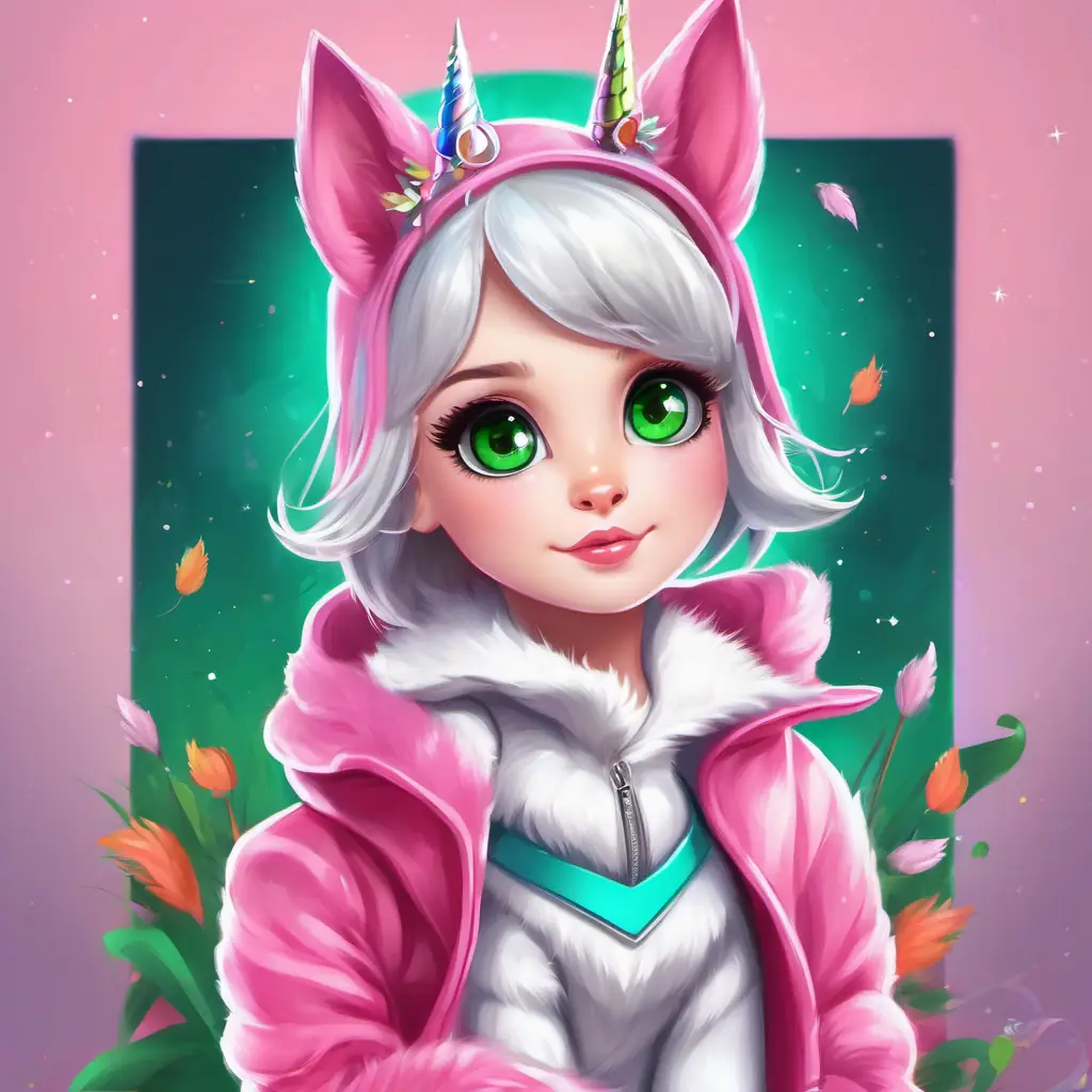 Fluffy pink coat, sparkly blue eyes, shiny silver horn on her head the unicorn puppy in a pink coat with a silver horn. Sleek black coat, bright green eyes, long tail that swishes like a horse's the cat horse in a black coat with a long, swishy tail.