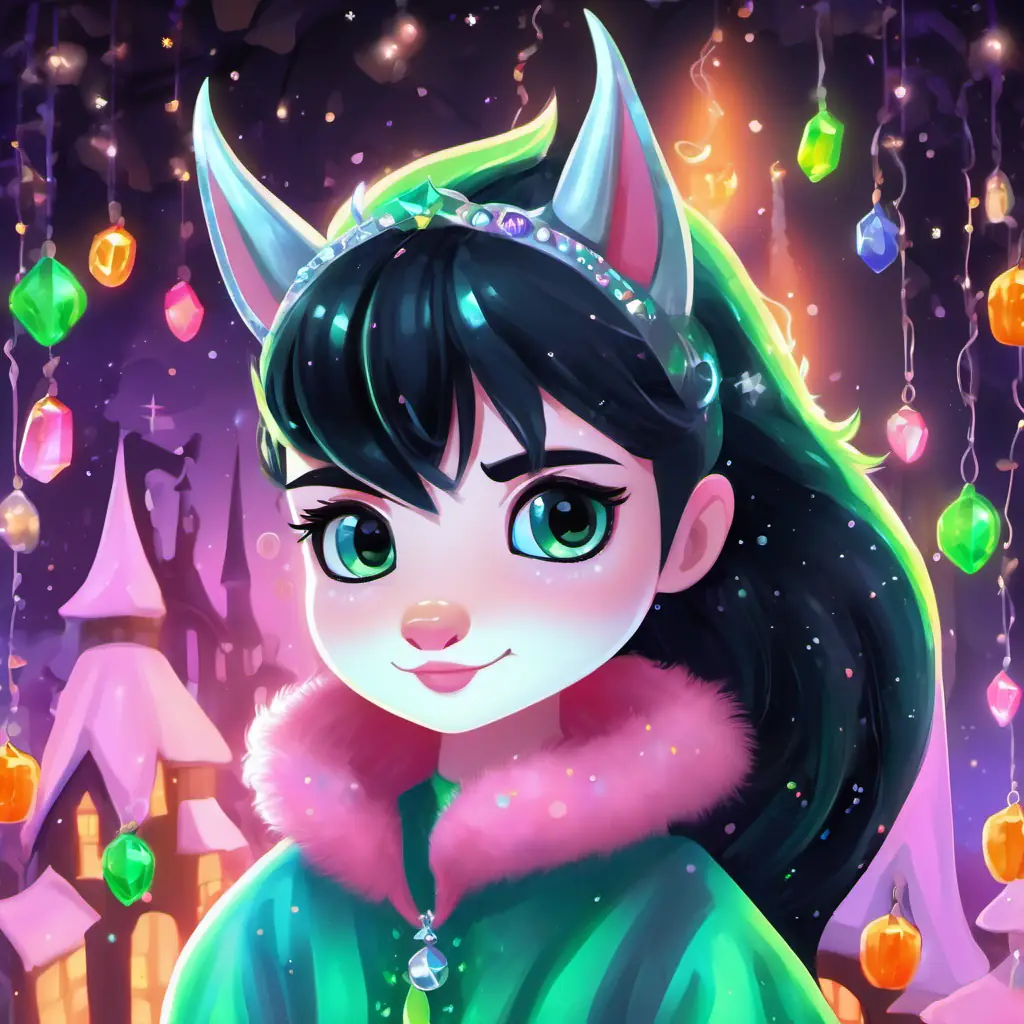 Fluffy pink coat, sparkly blue eyes, shiny silver horn on her head and Sleek black coat, bright green eyes, long tail that swishes like a horse's in their cozy cave home adorned with glowing crystals, twinkling lights, and soft pillows.