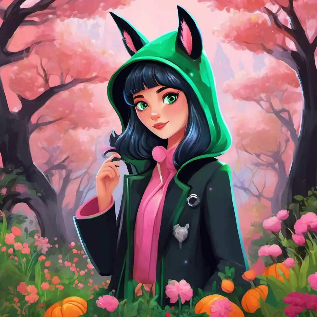 Fluffy pink coat, sparkly blue eyes, shiny silver horn on her head and Sleek black coat, bright green eyes, long tail that swishes like a horse's helping lost animals, planting flowers, and sharing treats with forest friends.