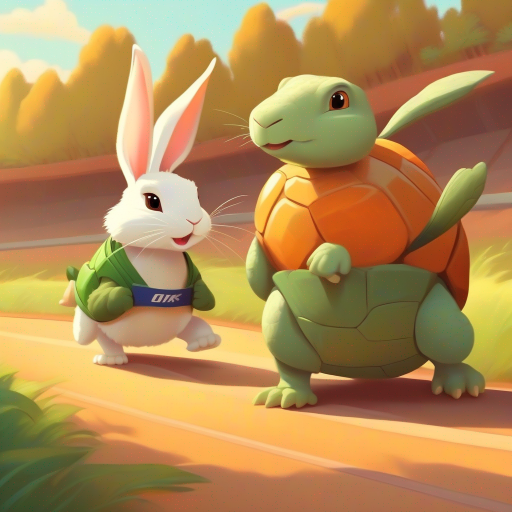 Rabbit and tortoise getting ready for the race.