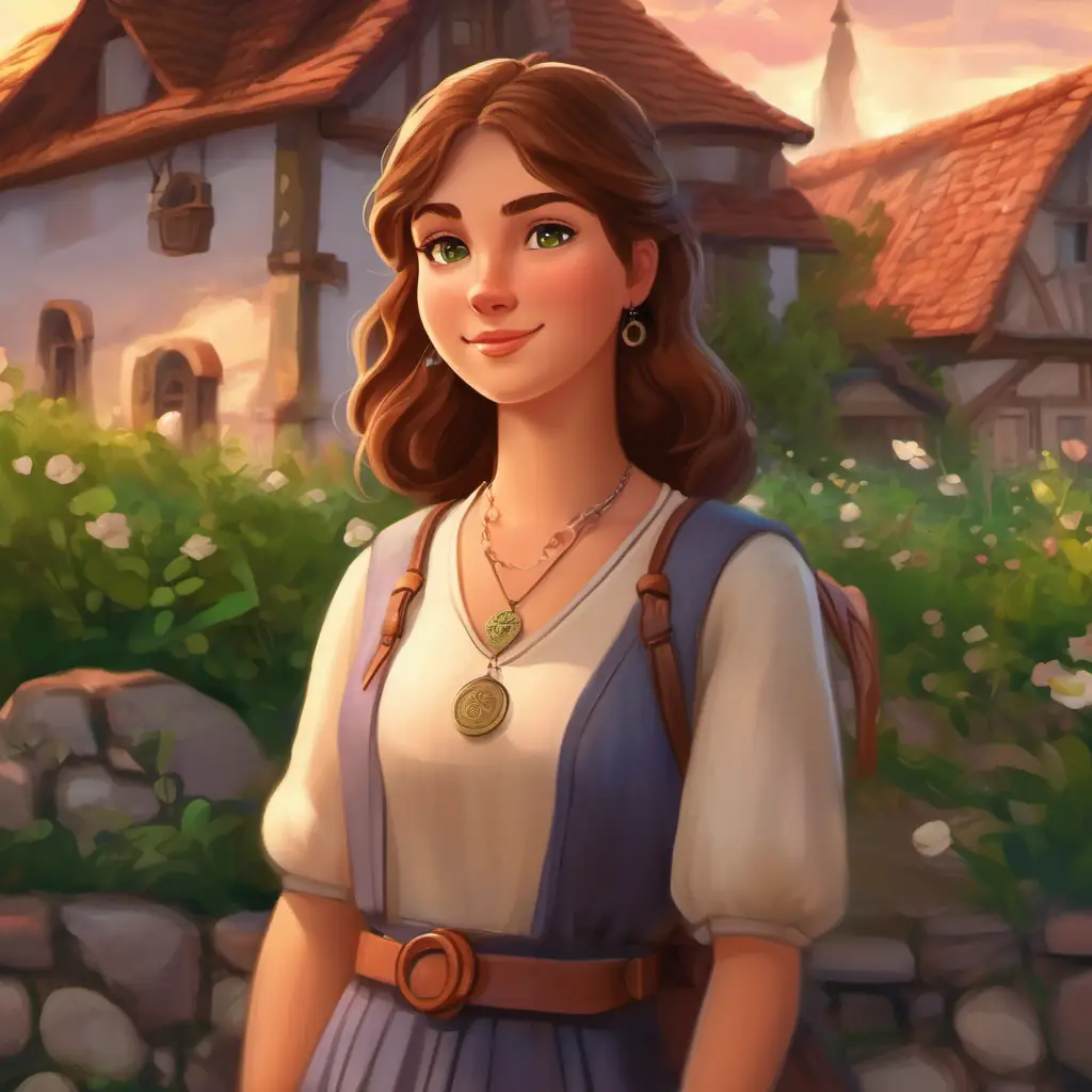 Introduction of the main character and setting - cozy village in Bosnia, a girl with brown hair, green eyes, and rosy cheeks dreaming of a silver necklace and personalized message card