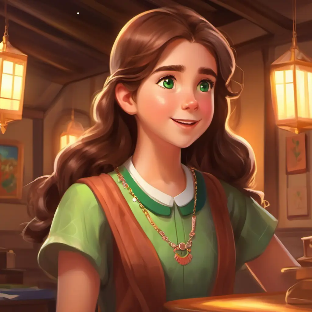 a girl with brown hair, green eyes, and rosy cheeks's excitement and anticipation as she desires to have the necklace and her parents planning a surprise