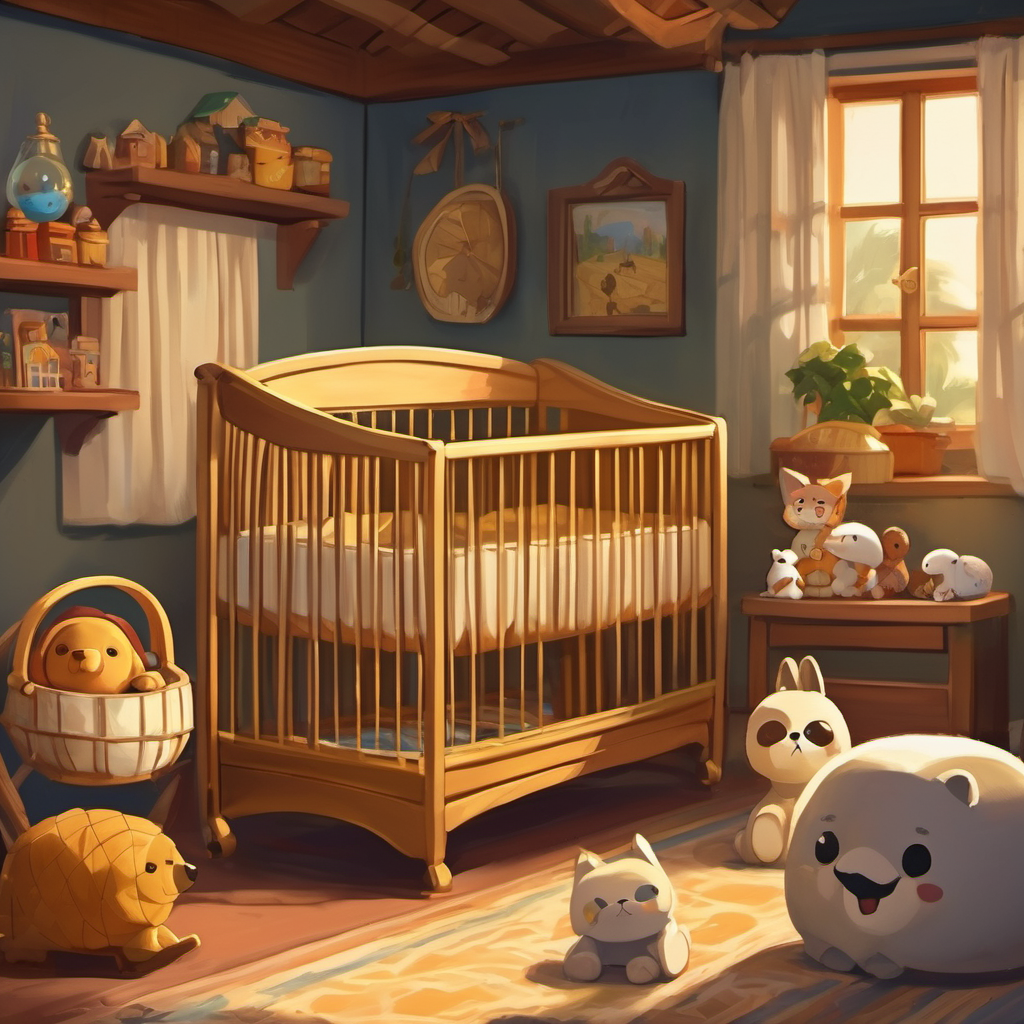 The nursery is filled with toys and a crib. Mummy, Kind and gentle, with dark skin and black eyes, and the Sweet and mischievous, with golden hair and fair eyes are all smiling happily.