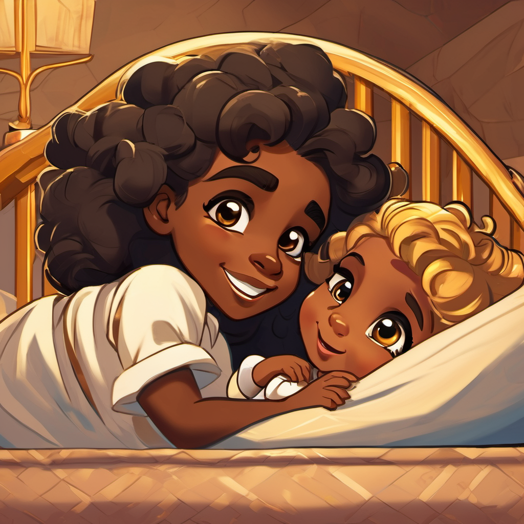 Mummy and Kind and gentle, with dark skin and black eyes are smiling at the Sweet and mischievous, with golden hair and fair eyes lying in her crib. The Sweet and mischievous, with golden hair and fair eyes has golden hair and fair eyes. There are siblings standing around, looking shy but happy.