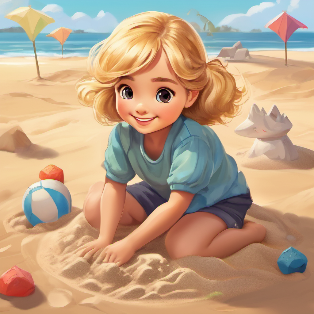 The Sweet and mischievous, with golden hair and fair eyes is sitting on the sand, playing and giggling. Her Playful and happy, with different skin tones and bright eyes from the park have joined her, and they are building sandcastles together.