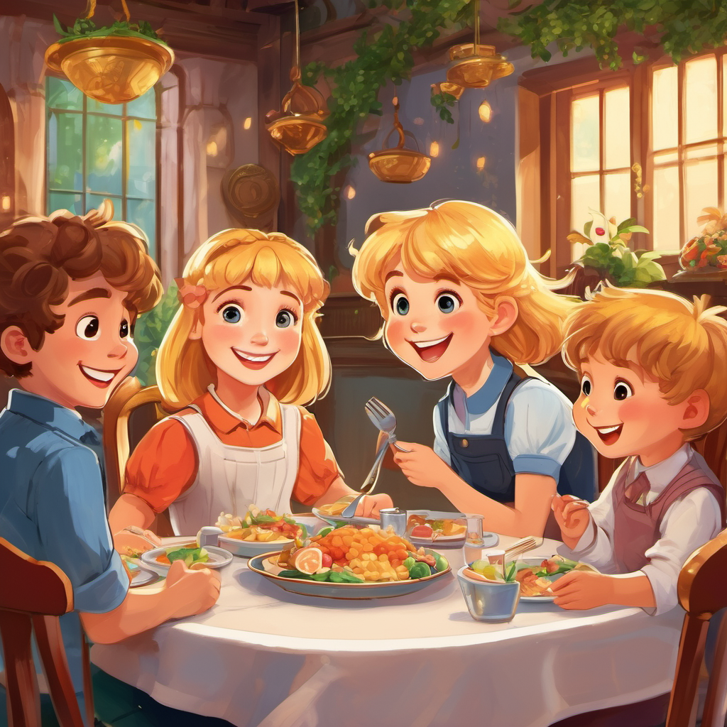 The Sweet and mischievous, with golden hair and fair eyes is sitting in a highchair at the dinner table, surrounded by her Playful and happy, with different skin tones and bright eyes. Everyone is eating happily and laughing together.