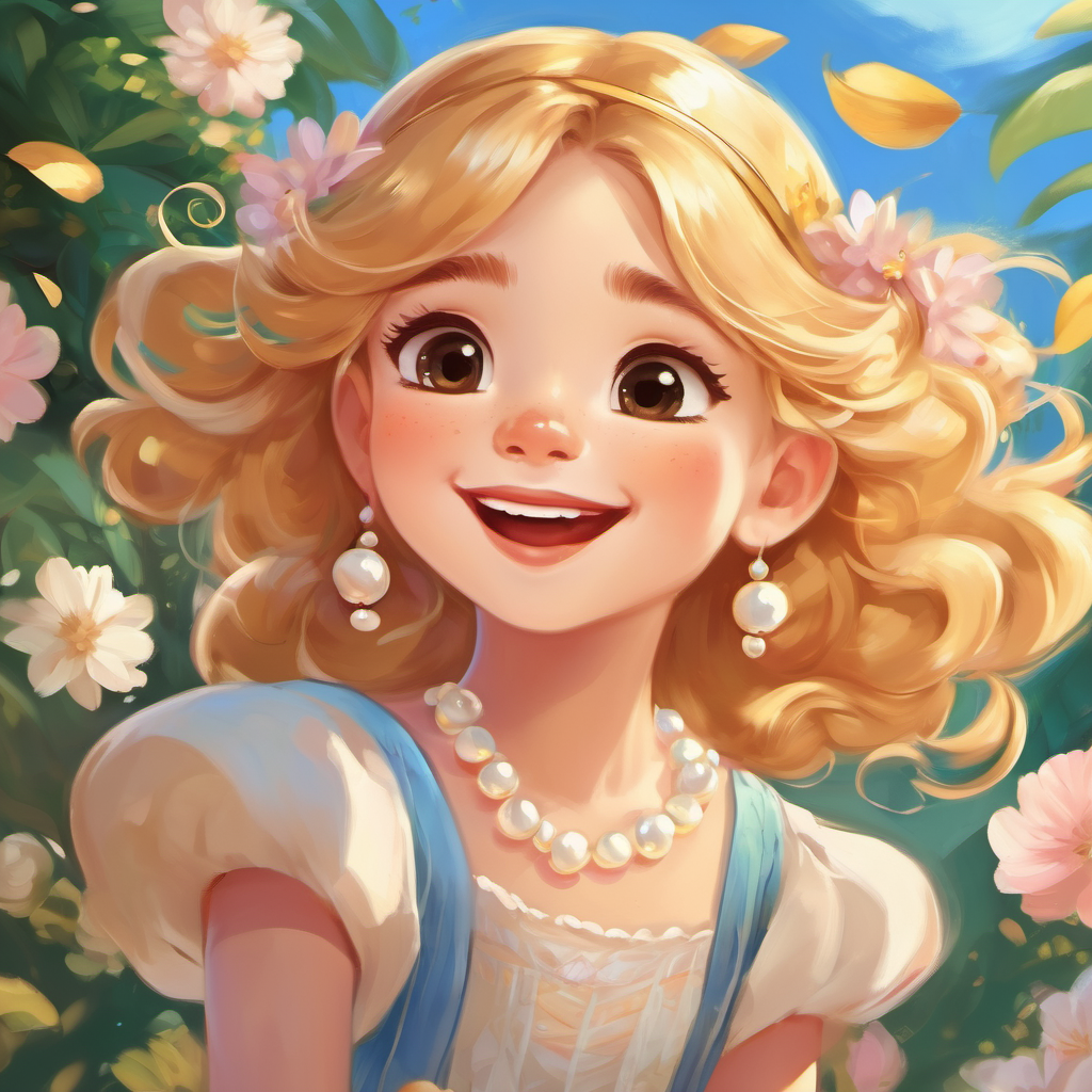 The Sweet and mischievous, with golden hair and fair eyes is dreaming, dancing and twirling with her Playful and happy, with different skin tones and bright eyes. They are all laughing and wearing pretty pearls. There is a sense of joy and love in the air.