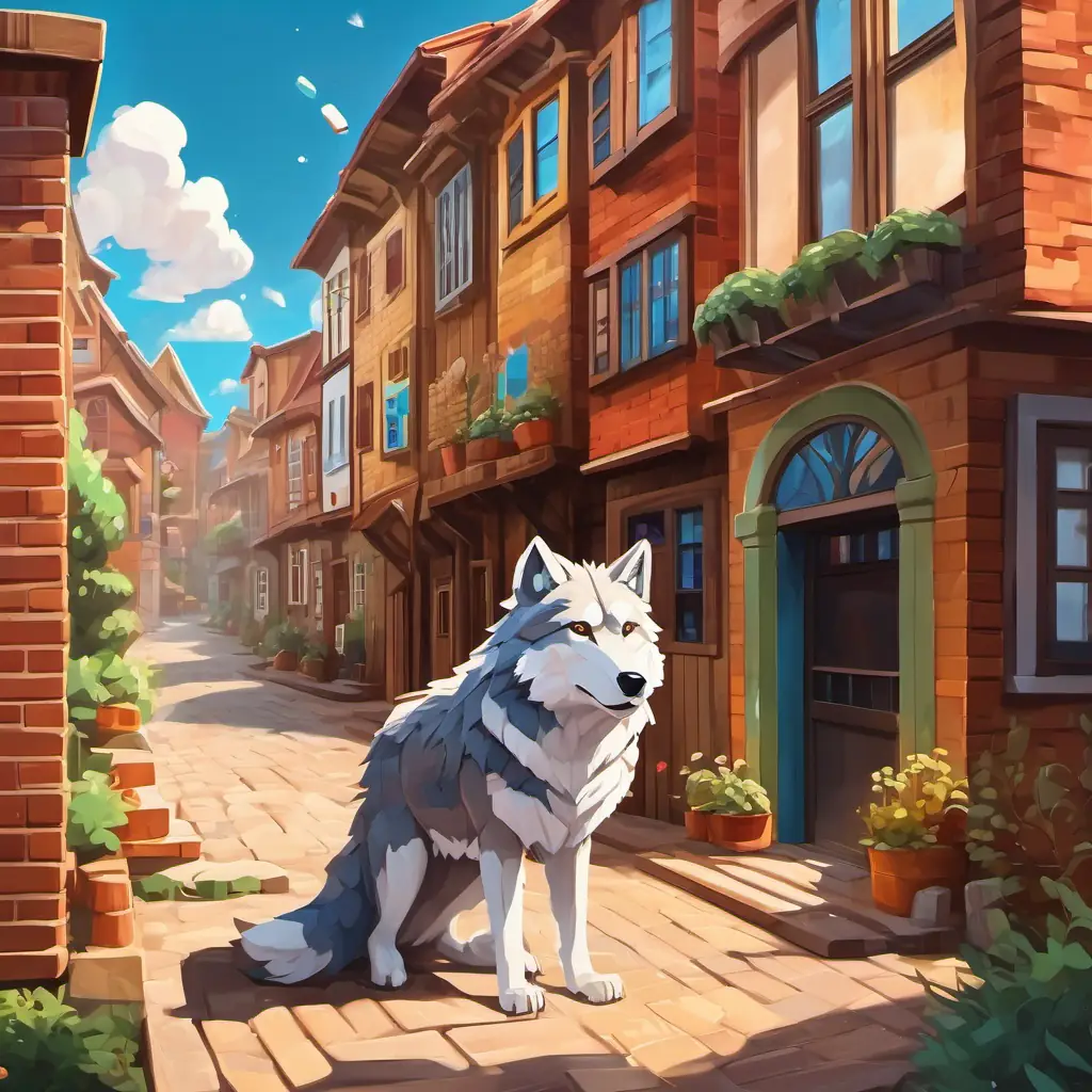Wolf blowing at the houses made of cardboard, popsicle sticks, and bricks.