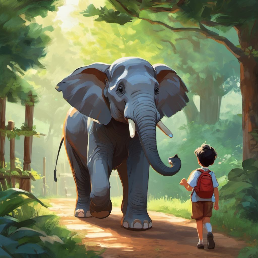Once upon a time, in a small village nestled among towering trees, there lived a little boy named Ethan. Ethan was a kind-hearted and cheerful boy, but lately, he had been feeling a little down. He missed his friends at school and felt lonely without their laughter and playtime. One sunny morning, as Ethan was moping around in his room, he heard a faint rumbling sound from outside his window. He hurriedly peeked out, and to his amazement, he spotted a magnificent elephant gracefully striding through his backyard.