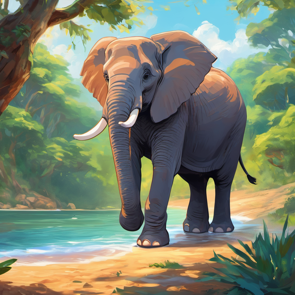 The elephant was not an ordinary elephant; it was a lively and energetic creature. Its trunk was constantly wiggling, creating playful waves in the air. Ethan's heart filled with excitement and curiosity as he watched the joyful movements of the elephant. With a rush of excitement, Ethan flung his window open and called out to the elephant, "Hello, beautiful elephant! What is your name?"