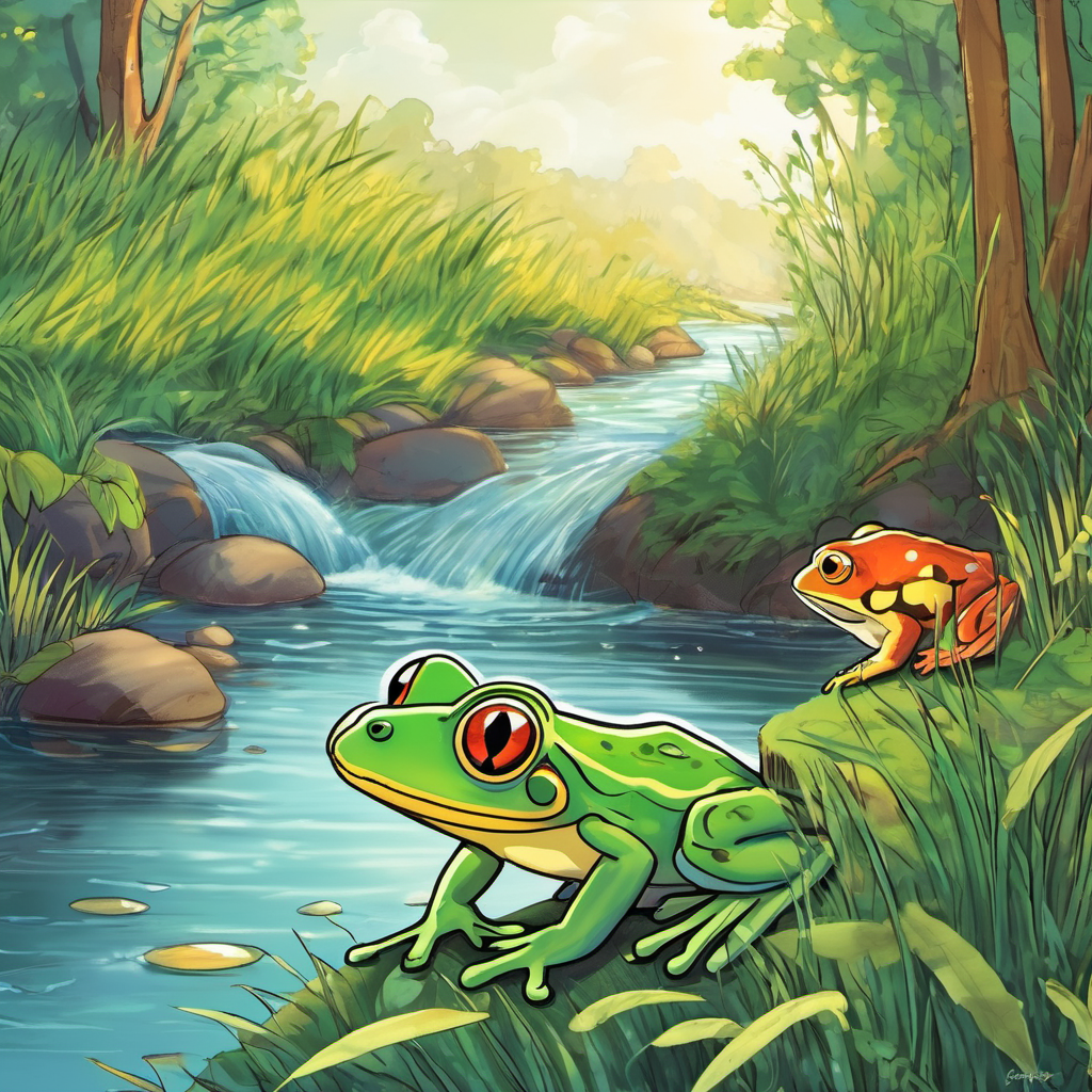 Jack and Billy followed the path shown on the map but soon realized they were a bit lost. They came across a large river that seemed to block their way. It was too wide to jump across, and neither of them knew how to swim. Just when they were about to give up, they saw a tiny creature hopping towards them. It was a friendly tree frog with shimmering green skin and sparkling eyes. The frog introduced himself as Freddy and offered to help the friends cross the river.