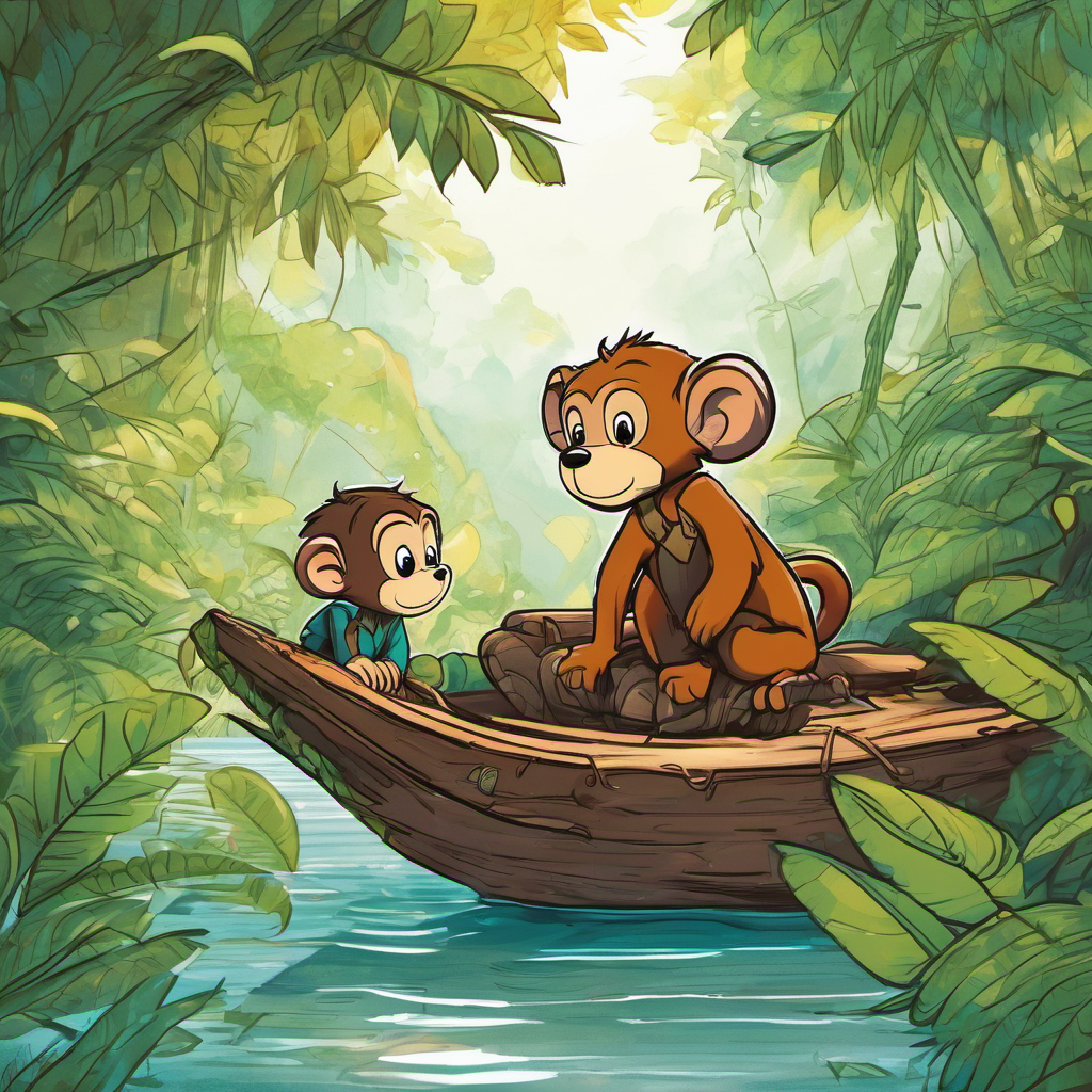 Freddy hopped onto a leaf and instructed Jack and Billy to hold on tight. The leaf magically transformed into a small boat, and they sailed across the river, feeling the cool water graze their fingertips. With Freddy's guidance, they safely reached the other side, full of gratitude for their newfound friend. As they trekked deeper into the jungle, they stumbled upon an incredibly tall tree, too high for them to climb. Jack and Billy sat down under its shade, feeling a little disappointed. Suddenly, they heard a sweet voice coming from above, and when they looked up, they saw a mischievous monkey named Max.