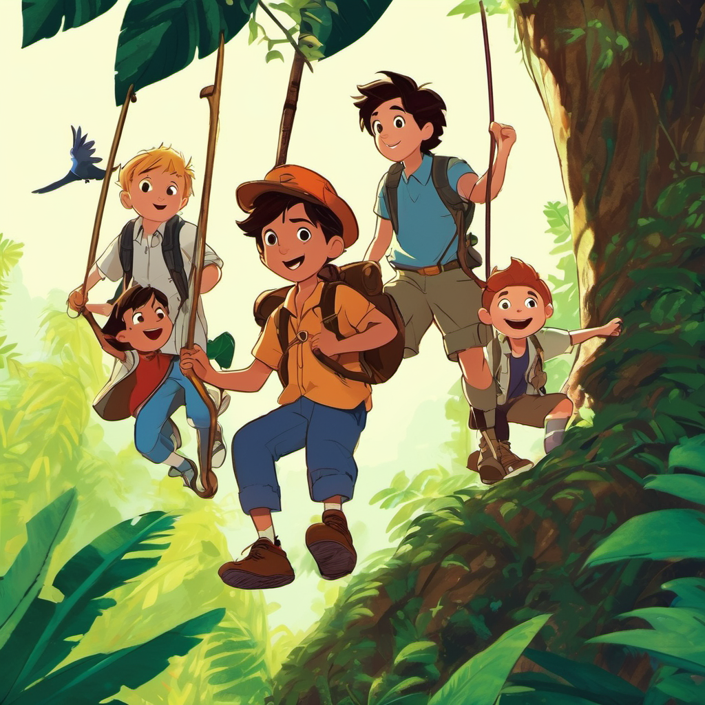 Max swung down from the trees, eager to help his new friends. He playfully swung them up to the top of the tree. From up there, they saw the breathtaking beauty of the entire jungle. Giant leaves surrounded them, providing shelter and whispers of fresh air. Jack and Billy were thrilled to have Max as a part of their adventure team. Their journey continued as they ventured deeper into the vast jungle, encountering magical creatures and discovering hidden treasures at every turn. Jack, Billy, Freddy, and Max became inseparable and always looked out for one another.