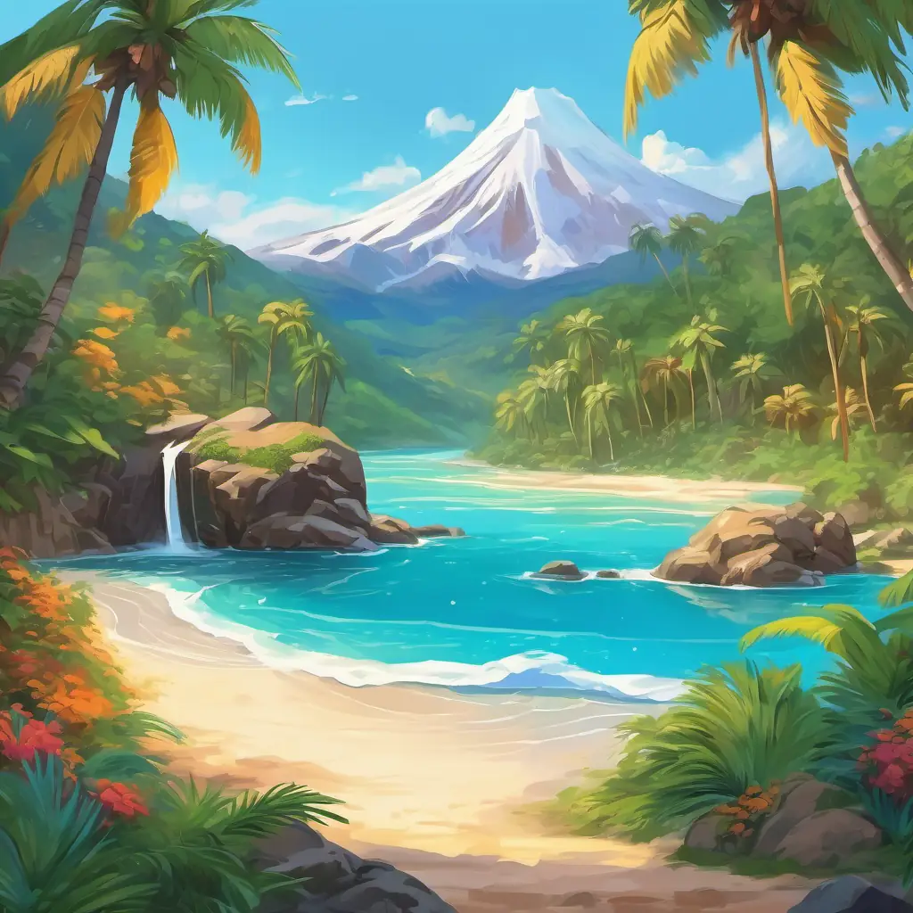 The picture shows a sandy beach with palm trees, a dense forest with colorful trees, high mountains with snow on top, and a waterfall cascading down into a pool of water.